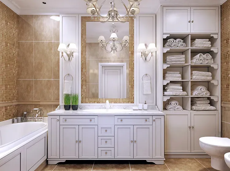 White bathroom vanity and linen cabinets refinished by Elegant Edge Painting.