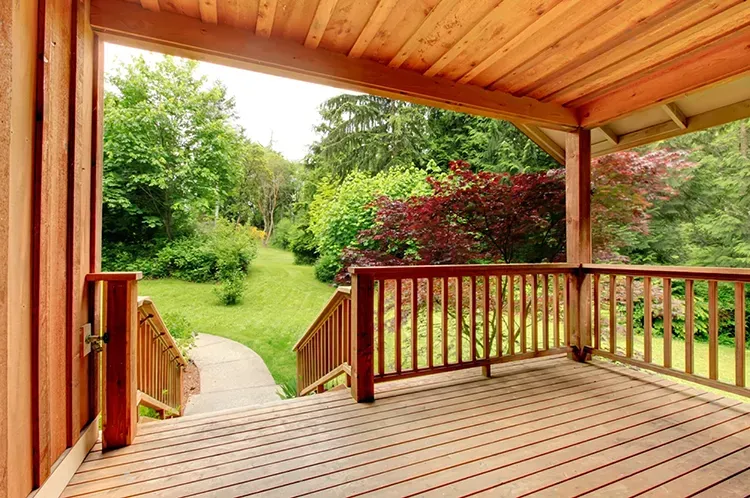 Warmly stained wood interior of a mountain home