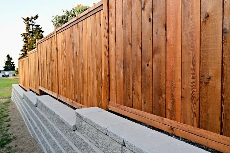 Tall cedar privacy fence along a stone retaining wall, with a fresh stain by Elegant Edge Painting.